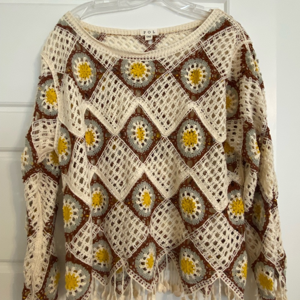 POL Crochet Scoop-Neck Sweater in Cream, Yellow & Brown